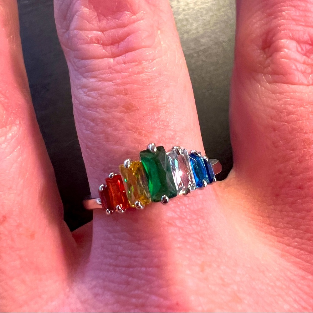Rainbow Stone Silver Tone Size 7 Costume Jewelry Ring